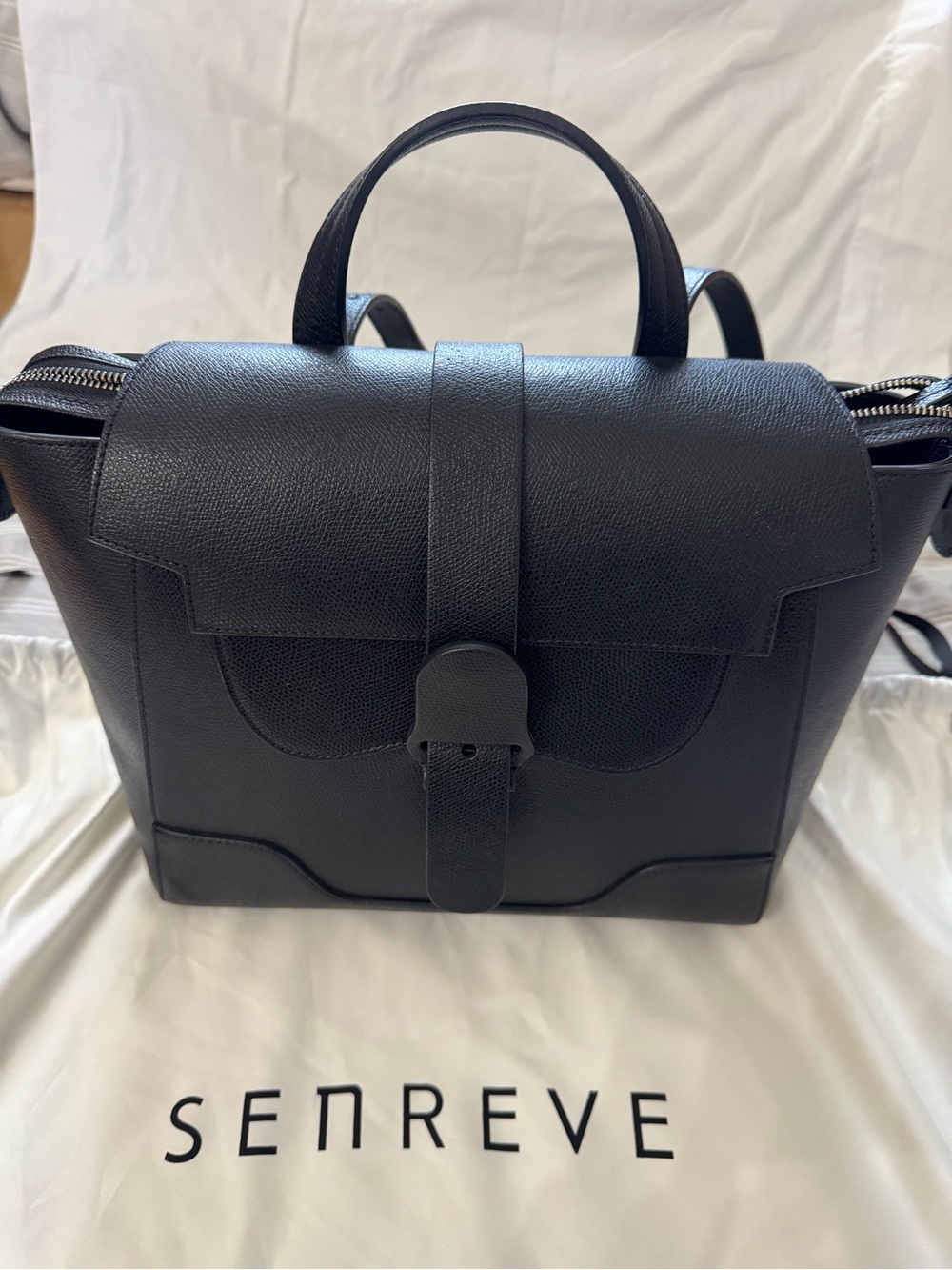 Senreve Black Leather Midi Backpack with Top Handle 4-Ways